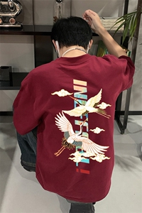已做版权 新中式潮短袖风宽松仙鹤复古t恤男 T55-P28图片