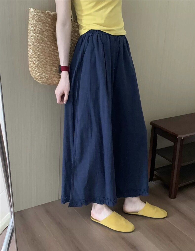 设计感纯色木耳边休闲裤2025夏季新款高腰显瘦减龄阔腿裤,女装休闲裤,湘姗