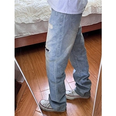 美式风潮流宽松牛仔裤高街破洞补丁阔腿休闲牛仔长裤猫须做旧男裤，男装牛仔裤，星座506A