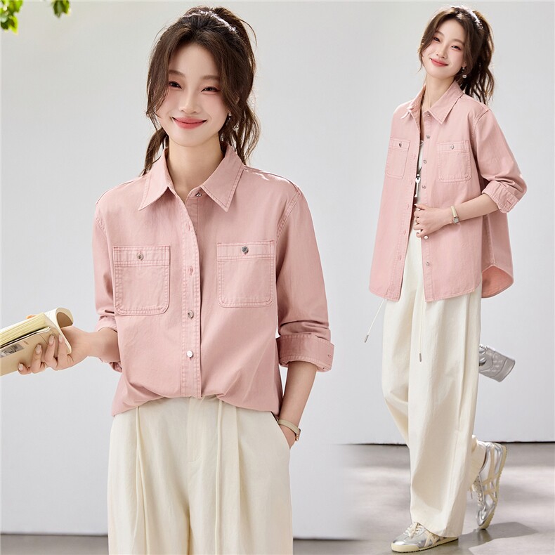 2026早春新款樱花粉工装衬衫女宽松显瘦长袖休闲衬衣温柔风韩版，女装衬衫，艾米