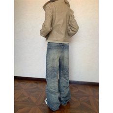 美式水洗做旧猫须宽松堆积感男女高街牛仔裤直筒裤子AM792P52，男装牛仔裤，星座1013-5