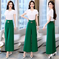 2023年夏季时尚潮流荷叶边拼接上衣+休闲阔腿裤两件套，女装套装/套裙，时尚俏佳人