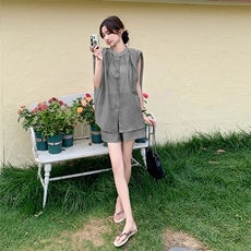 【新增灰色】韩系清新无袖飘带亚麻短裤套装F538-P135-K198，女装套装/套裙，2C255