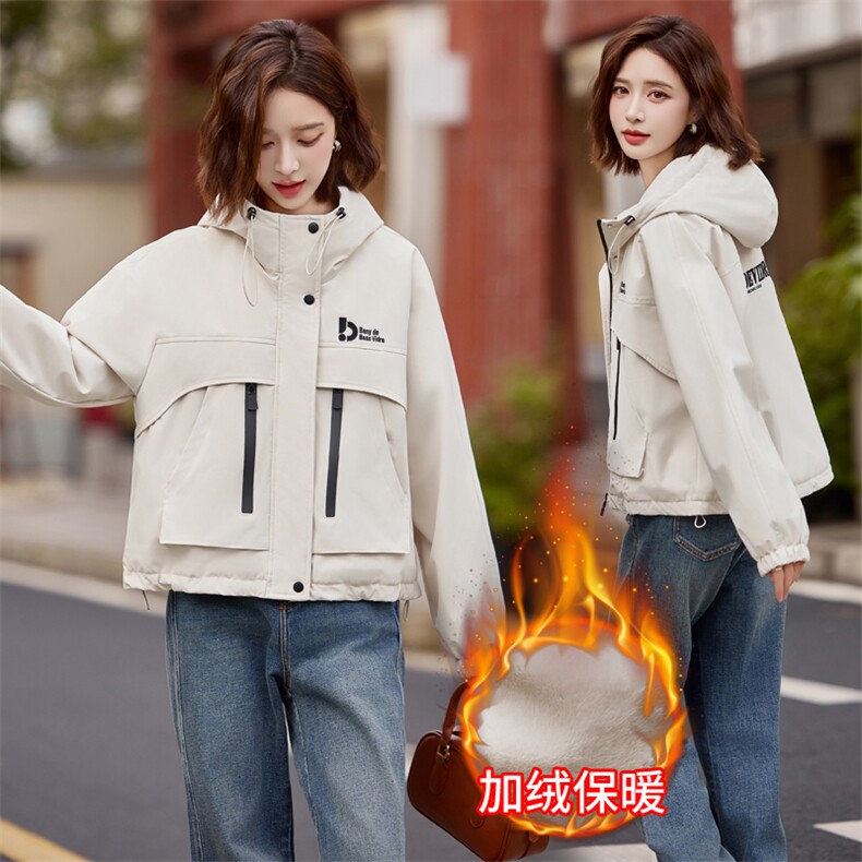 紫色加绒派克服棉服女短款2024冬季新款加厚保暖休闲连帽工装外套，女装棉衣/棉服，悦祺