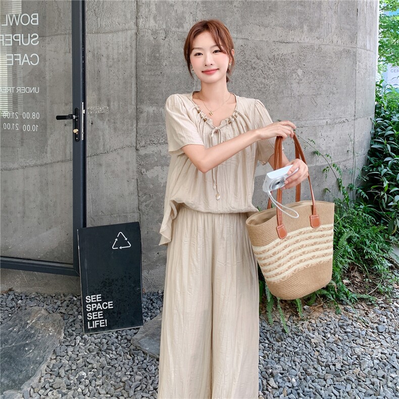 短袖上衣高腰阔腿裤时尚套装女2025年夏季新款韩系休闲显瘦两件套,女装套装/套裙,2C262