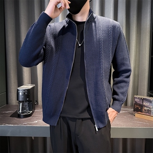 C67065-M-3XL-P98秋百搭男士休闲拼接针织拉链立领外穿毛衣开衫图片