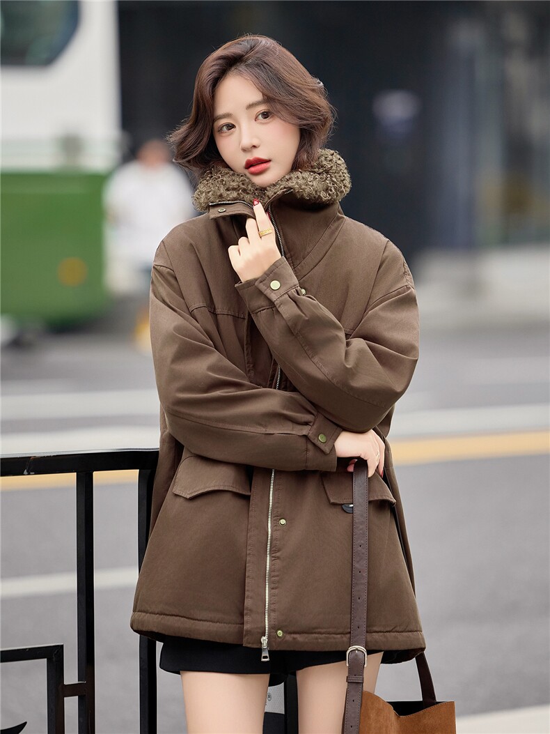 咖色羊羔毛翻领加绒派克服女2025冬季中长款加厚保暖收腰棉服外套,女装短外套,E百度