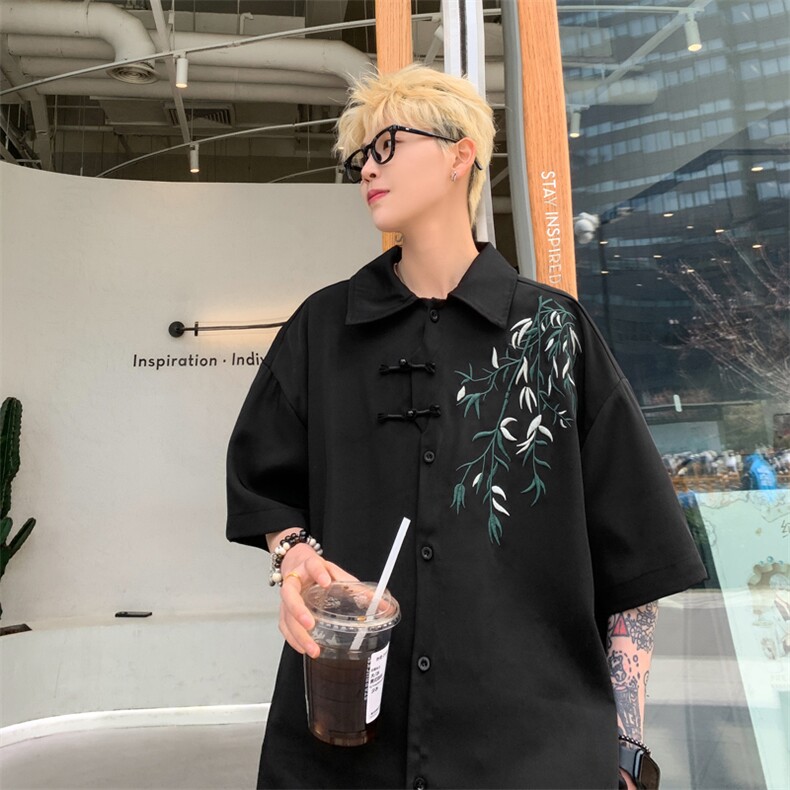 量大优  供视频  新风竹叶刺绣花冰丝短袖衬衫男 XH54-特P33图片