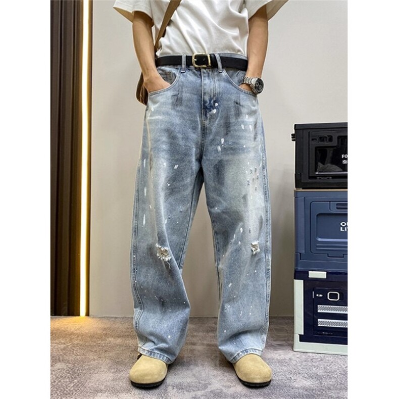 夏季破洞做旧牛仔裤男痞帅炸街阔腿裤宽松百搭直筒弯刀裤NT1215，男装牛仔裤，星座1116A（原606A-3）