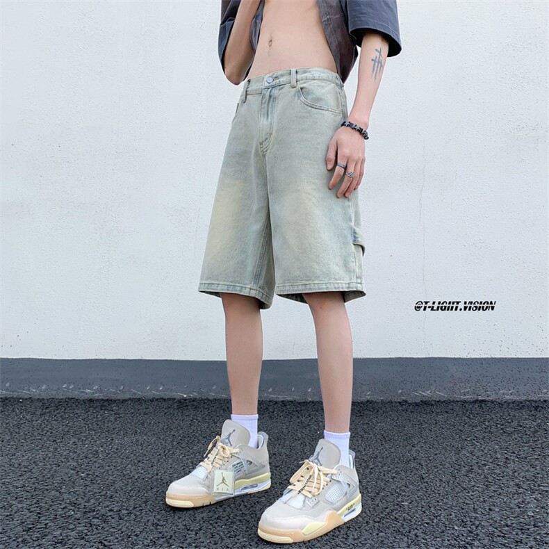 B221美式ins高街暗黑拉链休闲牛仔短裤五分裤LK23082-P50控68,男装牛仔裤,电商B221