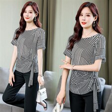 2021夏季新款简约时尚气质圆领条纹系带收腰小衫，女装衬衫，超帛