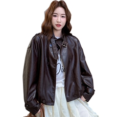 2025秋季新款棕色复古PU皮衣外套女宽松休闲上衣1386，女装皮衣，欣美人