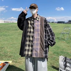 美式复古格子衬衫设计感小众宽松bf风拼接秋季长袖衬衣JY8216-p46，男装衬衫，星座1008-2