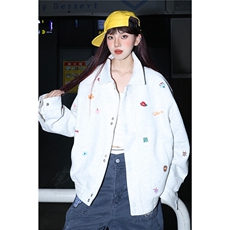新品小花刺绣翻领外套男女美式复古短款百搭情侣夹克，男装夹克，星座506A