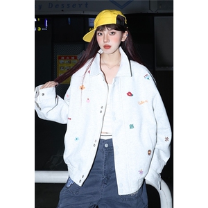 新品小花刺绣翻领外套男女美式复古短款百搭情侣夹克图片