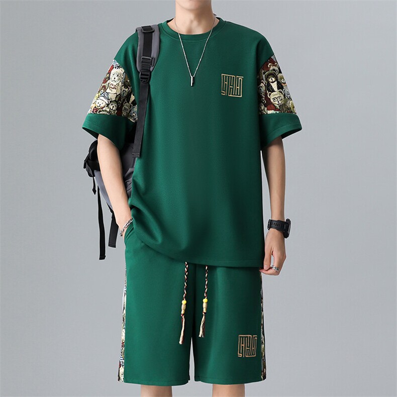 刺绣T恤一套潮夏季拼接男士休闲运动套装男宽松A266-TZ8807-P47,男装T恤,电商A266