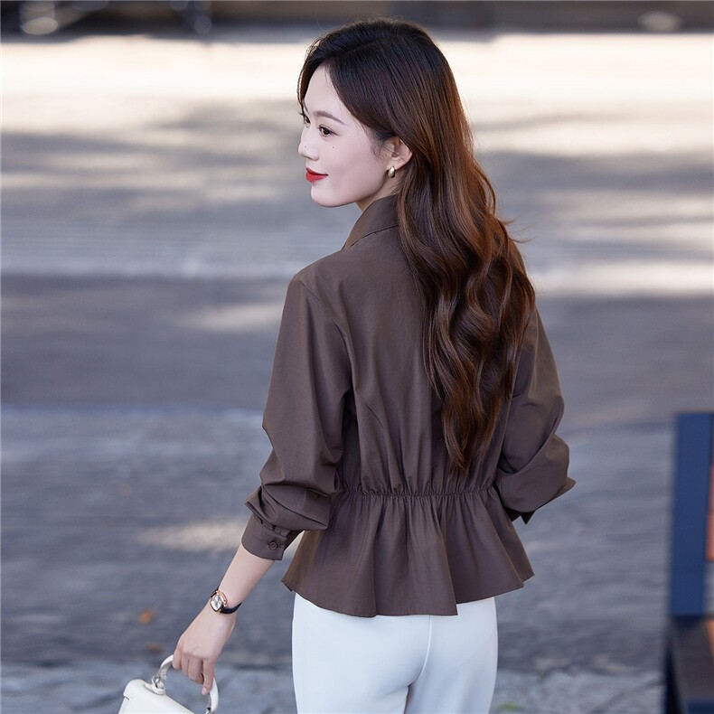 时尚长袖衬衫女2026春秋新款设计感洋气V字翻领收腰显瘦休闲衬衣，女装衬衫，靓衣阁