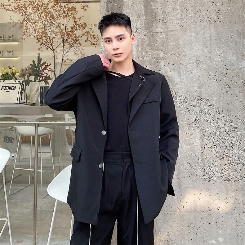 新款假二件不对称金属环休闲复古长袖西服男春秋A345-199-P135,男装西服,电商A345