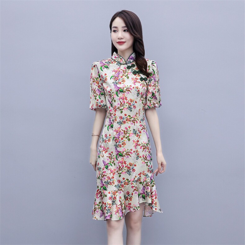 【纪菲施洛】正品香港轻奢新中式旗袍连衣裙女立领雪纺裙子,女装连衣裙,岚衣(原川流布茜）