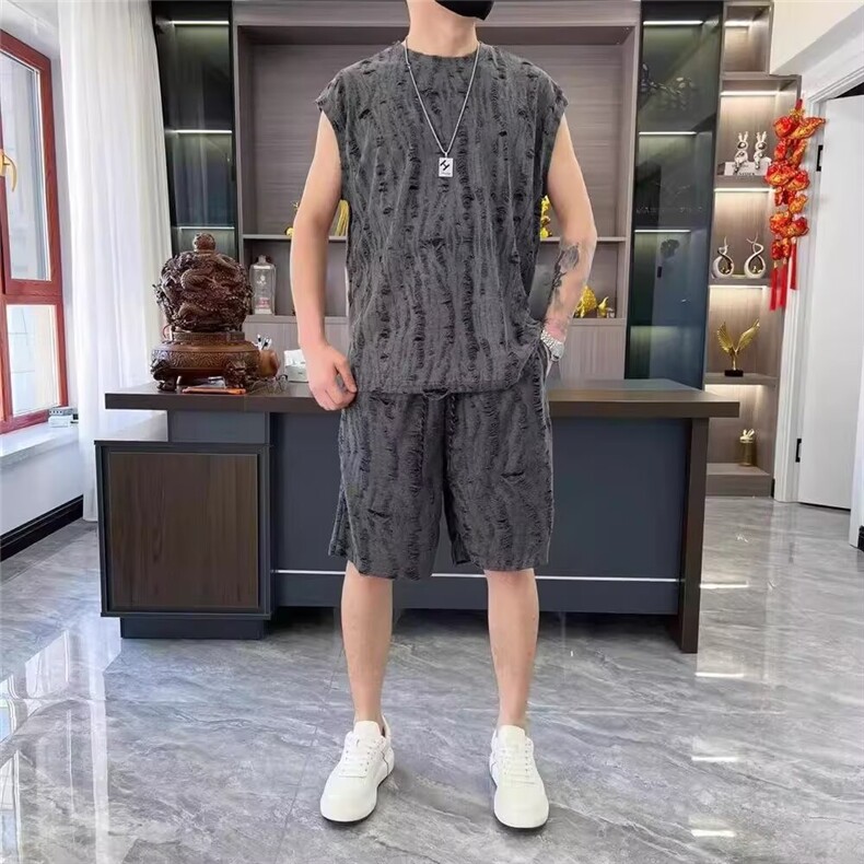 高端镂空背心男夏季薄款潮牌痞帅坎肩t恤美式休闲短裤运动两件套,男装牛仔裤,星座506A