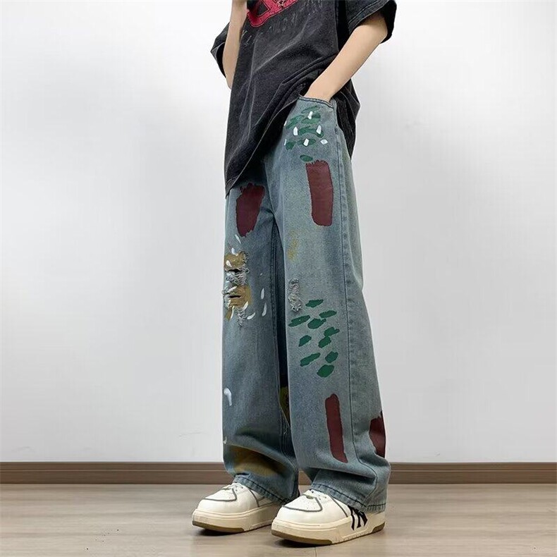 D6054-P58美式街头印花牛仔裤男潮牌风宽松百搭设计感拖地阔腿裤，男装牛仔裤，星座603-2