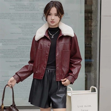 现货海宁f仿真皮皮衣女加绒加厚短款2024冬季新款女士宽松皮外套，女装皮衣，跑量工厂店
