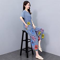 现货！！印花天丝牛仔套装女2024夏季新款气质洋气时尚优雅两件套，女装套装/套裙，涵墨