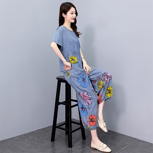 现货！！印花天丝牛仔套装女2024夏季新款气质洋气时尚优雅两件套图片