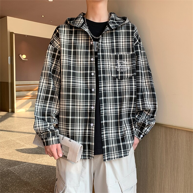 美式复古高级感连帽格子衬衫外套百搭情侣XZ102B-1CS291P58图片