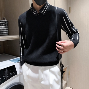 店主风小伙翻领假二件拼接针织长袖毛衣男打底衫301A-1/M60/P75图片