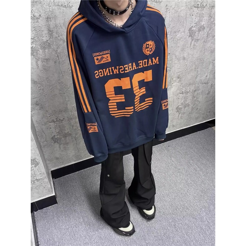 美式复古球衣风33号条纹数字连帽卫衣男女秋季宽松上衣W1333-P46，男装卫衣，星座208-5