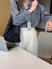 蓝色格子休闲百搭慵懒风宽松显瘦防晒上衣衬衣，女装衬衫，湘姗