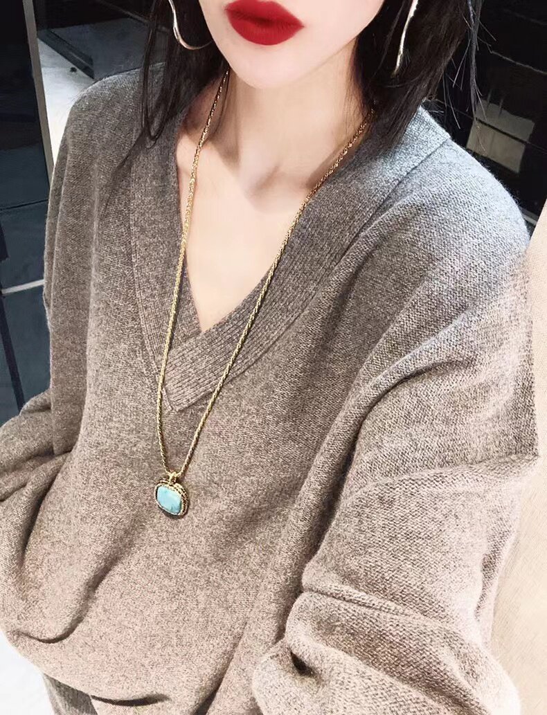 V领女纯色长袖针织打底衫宽松慵懒风上衣洋气套头毛衣,针织衫/毛衣,半城羊绒