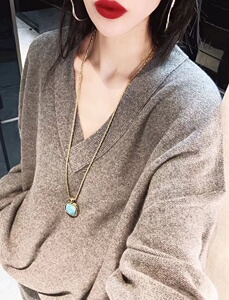 V领女纯色长袖针织打底衫宽松慵懒风上衣洋气套头毛衣图片