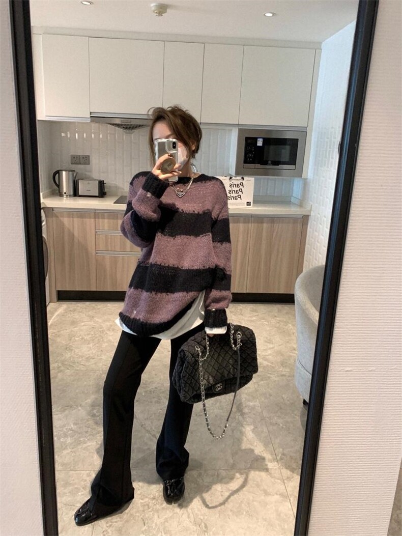 现货秋冬新款条纹破洞毛衣，女装针织衫/毛衣，XTZ style