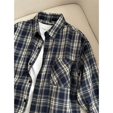 V3211HH-P38美式复古cleanfit藏青色格子衬衫男美式衬衣外套春季，男装衬衫，星座1007（原301D）