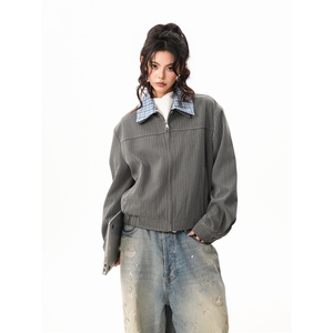 365-P67假两件格纹拼色双层领短款行政夹克美式复古潮牌高街,春季丝袜搭配什么鞋子图片