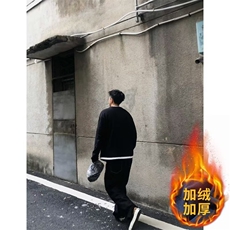 黑色轻熟风V领卫衣男潮春秋季痞帅小领口美式复古T恤加绒打底衫，男装T恤，星座506A
