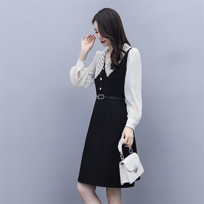 2021春季新款优雅时尚镂空领花拼色连衣裙配腰带,女装连衣裙,岚衣(原川流布茜）