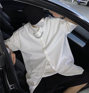 港风大码短袖纯色衬衫青年男生ins宽松情侣衫B299-X5275-P45限65图片