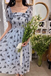 植绒印花薰衣草连衣裙图片