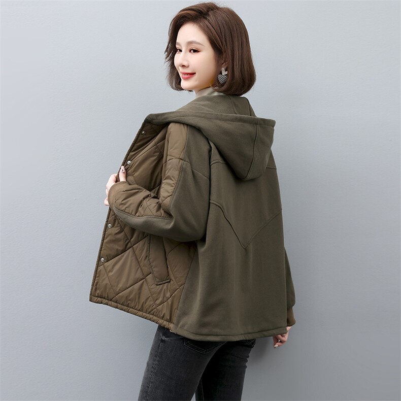 棉衣棉服女2022新款冬季短款连帽秋冬妈妈拼接薄款夹棉外套,女装棉衣/棉服,忆绮罗