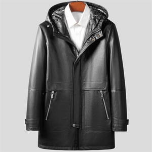 W5001海宁皮衣男头层牛皮白鸭绒羽绒服中长款连帽皮夹克P880图片
