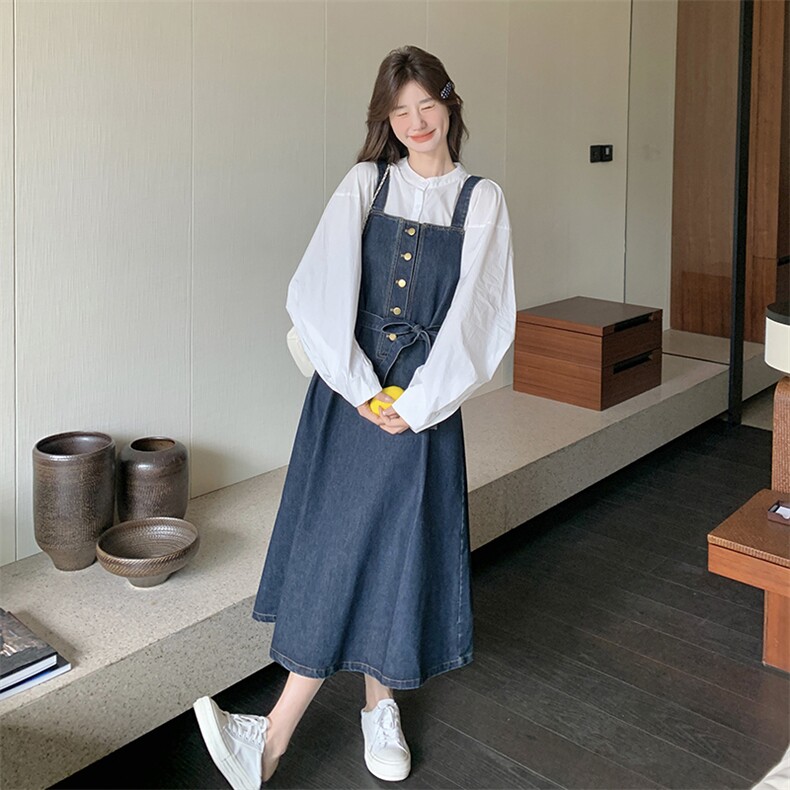 学院风牛仔背带裙两件套女2025春秋季新款韩版减龄显瘦吊带裙套装,女装套装/套裙,维壹