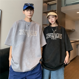情侣装高街潮设计鹿皮绒刺绣情侣短袖T恤上衣绣花G1055P35男