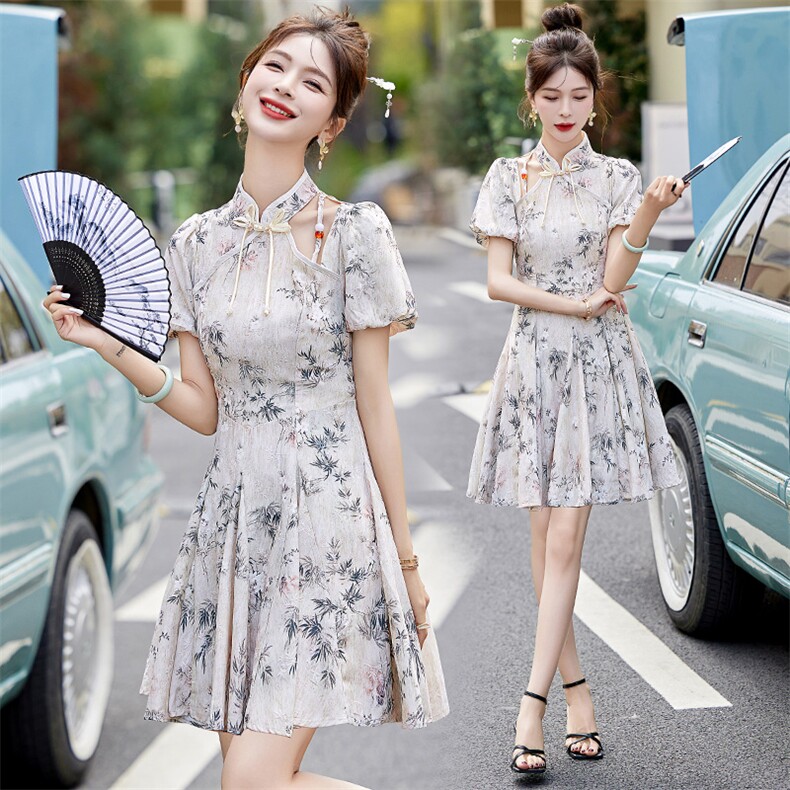 复古印花小个子旗袍连衣裙女2024夏季新款立领盘扣修身泡泡袖裙子,女装连衣裙,依如秀(原杭风阁)