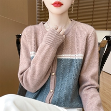时尚撞色羊绒开衫女秋冬季新款显瘦百搭长袖针织衫外套，女装羊绒衫，科源羊绒