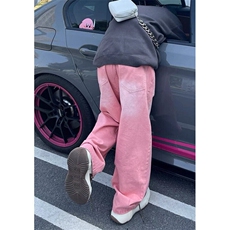 粉色水洗做旧做脏男女同款阔腿裤粉色牛仔长裤KNZ16，男装休闲裤，星座1116A（原606A-3）