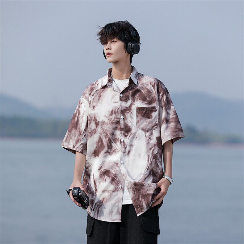 wassuphappy扎染短袖衬衫男夏季薄款潮牌大码衬衣服宽松休闲外套,男装T恤,星座109