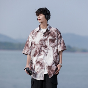 wassup happy扎染短袖衬衫男夏季薄款潮牌大码衬衣服宽松休闲外套图片